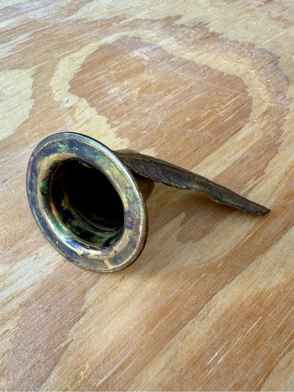 Brass Top Hat Candle Snuffer Feather Handle w/ Aged Patina